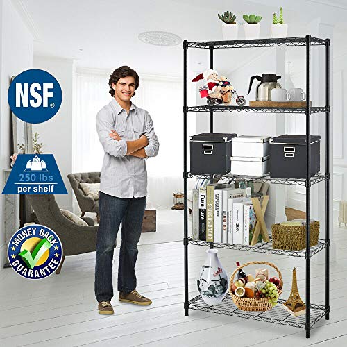 BestOffice | 5-Tier Wire Storage Shelves | 36x14x72 | Black | with Adjustable Racks | Heavy-Duty Metal Shelf, Holds Upto 1000 lbs | No-Tool Assembly | Ideal for Home & Garage Shelving - color: Black, size: 36"D x 14"W x 72"H