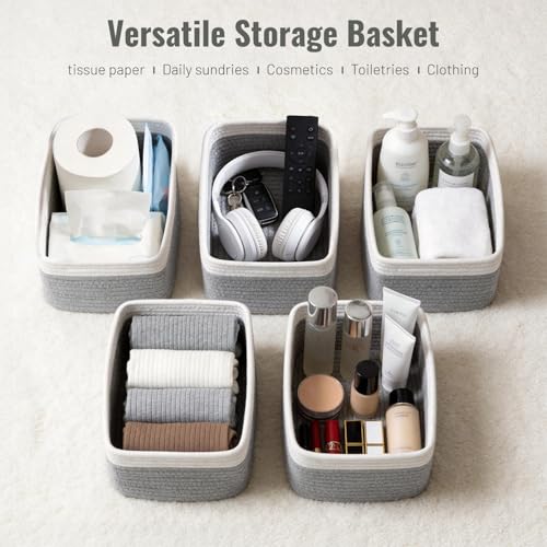 5 Pack Decorative Small Storage Baskets for Shelves, Cotton Rope Woven Basket for Organizing Bathroom, Nursery, Closet, Cabinet, Toys & Socks, Gift Baskets Empty, 11.8"x7.9"x4.7", Gray/White - color: Gray & White