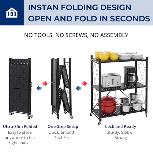 3 Tier Foldable Storage Shelves with Wheels, Metal Collapsible Organization Storage Rack, No Assembly Folding Bookshelf, Rolling Storage Rack for Kitchen, Bedroom, Pantry, Garage, Display, Black - size: 3-Tier