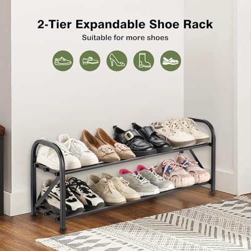 2-Tier Shoe Rack for Closet, 16"-32" Expandable ShoeRack, Adjustable for Entryway Closet Doorway SturdyMetal, Black - color: 2 Layers and 6 Tubes