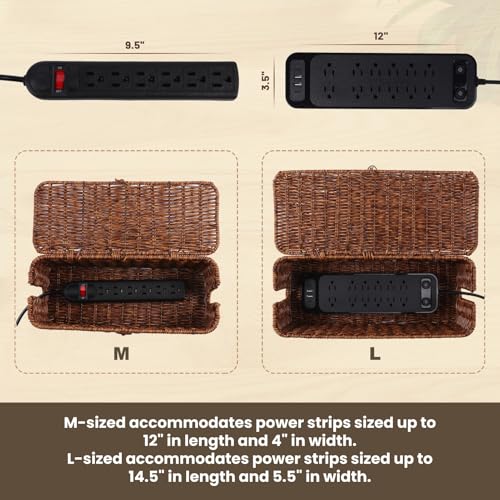 BROWNLILY Rattan Wire Storage Box, Handmade Cord Organizer for Desk Cord Hider Outlet Covers Baby Proofing for Power Strip TV PC Router Charger Under Desk Cable Management Box - color: Brown, size: Set (L+M)
