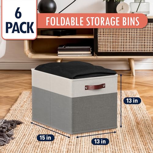 Ornavo Home 13 x 15 x 13 Kallax Storage Cube Bins, Foldable Collapsible Fabric Storage Bins Box Linen Shelf Basket Cube Organizer for Closet with Leather Handles, 6 Pack, White/Gray - color: White/Gray, size: Kallax - 13 x 15 x 13