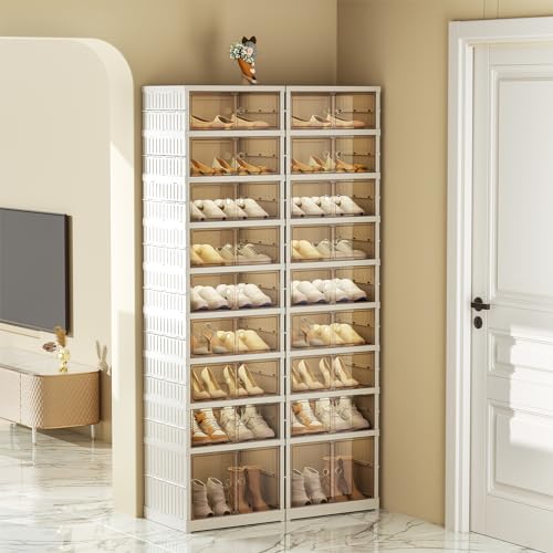 SYNCVIBE Collapsible Shoe Rack Organizer 9 Tiers-36 Pairs Foldable Shoe Cabinet with Doors, Large Plastic Folding Shoe Cabinet, Easy Assembly Shoe Shelves Organizer for Entryway, Living Room - size: 9 Tiers -36 Pairs