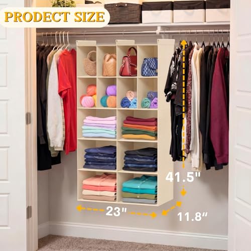 Ofiray-home 5 Tier Hanging Closet Organizer, 14 Compartments Sweater Organizer for Closet with 3 Sturdy Hooks, Closet Organizers and Storage, Wardrobe, Rv, Garment Rack, Beige - color: Beige, size: 5-Tier