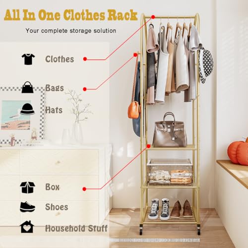 SUOERNUO Clothes Rack With Wheels and 3-Tier Metal Shelves,Clothing Rack For Hanging Clothes With 4 Hooks,Garment Rack Wardrobe Organizer for Small Space,Black (gold, 16.54 * 18.23 * 72.05) - color: gold