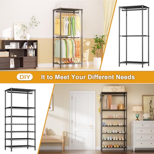 Ulif E13 Heavy Duty Clothes Rack（With 4 Hanger Rods & 8 Shelves） Freestanding Clothing Racks for Hanging Clothes，Adjustable Closet Organizer，Metal Garment Rack 63" W x16 D x77 H，Max Load 900LBS，Black - color: Black, size: E13