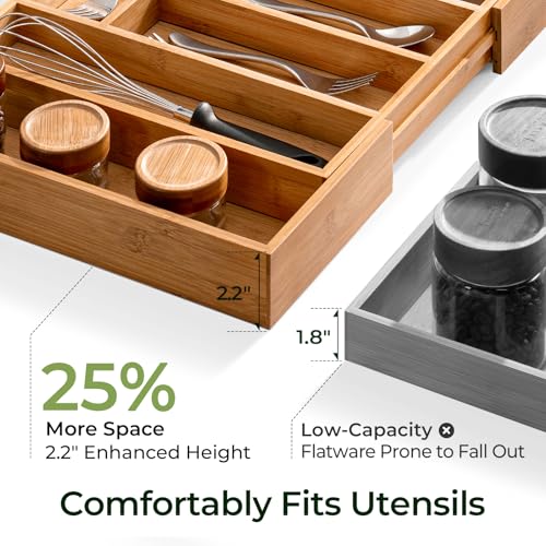 keechee Carbonized Bamboo Kitchen Drawer Organizer, 10 Slots Expandable Silverware Organizer, Utensil Holder & Cutlery Tray, 2.2" Deep for Extra Capacity, Non-Slip Feet Included - size: 10 Slots（Expandable）