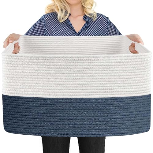 MEGASKET Extra Large Rope Basket, 22" x 17" x 12" Woven Stuffed Animals Storage Bin, Kids Dog Stuff Toy Box Organizer, Living Room Nursery Organization, Big Basket Container for Blankets Clothes - color: White & Dark Blue, size: 22"x17"x12"