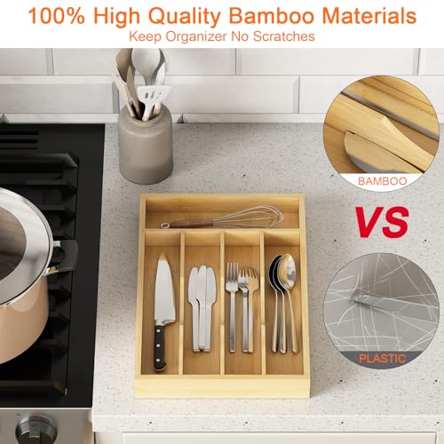 Bamboo Utensil Organizer for Kitchen Drawers, Utensil Tray and Cutlery Silverware Holder,Wood Drawer Dividers with 5 Slots - size: 5 Slots