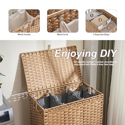 Laundry Hamper with Lid, 190L Large Laundry Basket 3 Section with 6 Removable Liner Bags & 3 Mesh Laundry Bags, Handwoven Rattan Clothes Hamper with Heightened Feet, No Install Needed, Natural - color: Natural