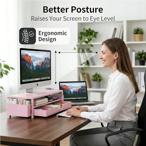 ECOLOVI Desk Organizer and Accessories, 2-Tier Computer Monitor Stand Rise with Storage Drawer & 2 Pen Holders, Laptop & Printer Stand for Desktop, Workspace Organizers for Office Supplies (Pink) - color: Pink