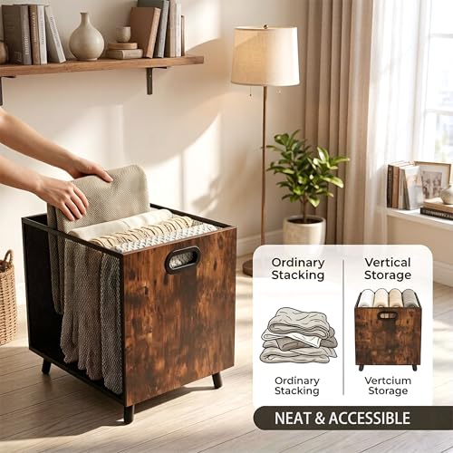 Blanket Storage, Laundry Hamper Laundry Basket With Rustic Industrial Design, Blanket Basket For Living Room, Wood And Metal Mesh Construction