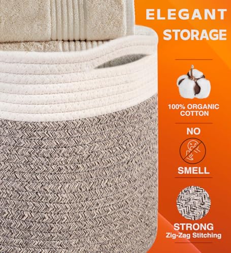 CHAT BLANC Cotton Rope Baskets for Organizing | 15”x10”x9” Storage Baskets for Shelves | Small Laundry Woven Baskets for Storage, Dog Toy Bin, Baby Basket,Off White&Brown 3 Pack - color: Creamy White & Brown, size: 3 PACK | Medium | 15"x10"x9"