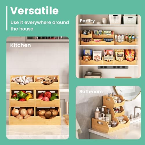 Onion Storage Bins Potato, 3 Tier Bamboo Pantry Storage Bin Stackable Ventilated Kitchen Organizer for Pantry, Countertop, Bathroom, Space-Saving, Easy Access Handle Natural Brown - color: Natural Brown