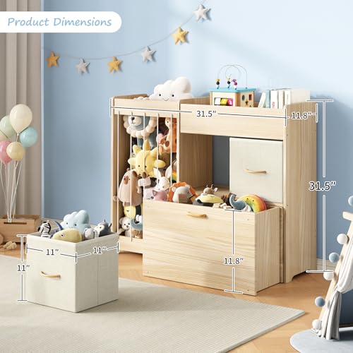Toy Organizer and Stuffed Animals Storage, All-in-One Toy Shelf with Stuffed Animal Holder, 2 Drawers, Movable Toy Chest & Top Shelf, Solid Wood Bedroom Toy Storage Organizer - style: Burlywood+stuffed Animal Shelf