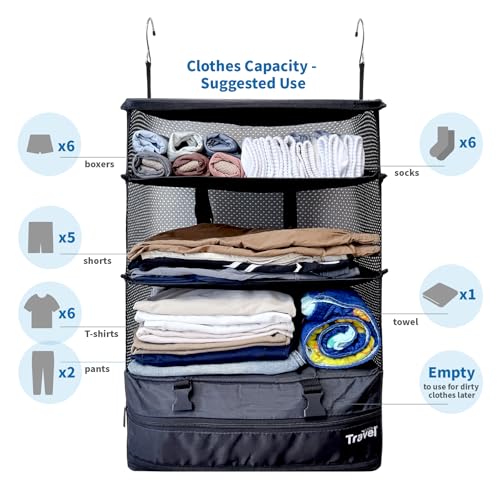 Grand Fusion Stow-N-Go Packing Organizer for Luggage, Portable Hanging Travel Shelves, Carry-On Closet, Hanging Packing Cubes, Collapsible Carry-On Organizer for Cruises & Hotels. Black - XL - color: Black, size: XL = (L) 17.7" x (W) 11.8"