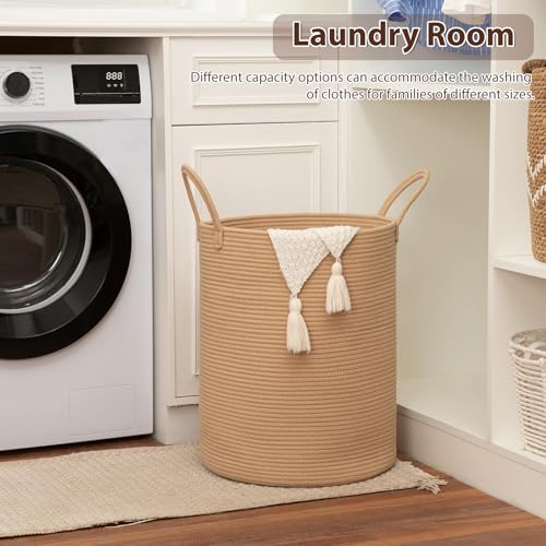 OIAHOMY Large Laundry Basket Hamper - 60L Cotton Rope Woven Basket for Blankets, Toys, Clothes - Tall Decorative Nursery Hamper with Long Handles, Yellow - color: Yellow, size: 60L