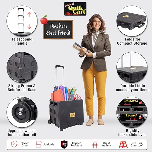 dbest products Quik Cart Collapsible Rolling Crate on Wheels for Teachers Tote Basket 80 lbs Capacity, Made from Heavy Duty Plastic Used as a Seat, Black - color: Black, style: Standard