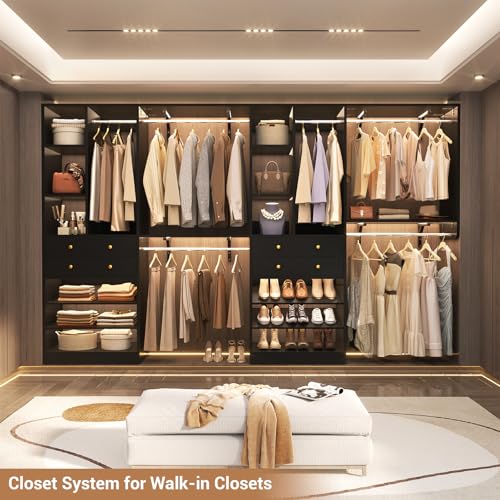 Besiost Closet System - 60"/92" Closet System with Drawers, 5FT/7.67FT Closet Organizer System with Reversible Hanging Shelving and Hanging Rods, for Small/Walk-in Closets, Black - color: Black, size: 5FT