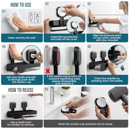 TAILI Shower Caddy Suction Cup 2 Pack,Stainless Steel Rustproof Shower Shelves,No Drilling Wall Mounted Basket,Large Capacity,Removable Suction Cup Bathroom Organizers & Home Decor,Black - style: 2xBlack