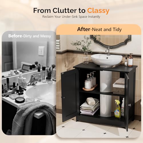 Bonnlo Pedestal Sink Storage Cabinet, 24" Black Under Sink Bathroom Storage Cabinet with 2 Doors and Adjustable Shelf, Traditional Bathroom Space Saver Organizer for Small Spaces, Water-Resistant - color: Black