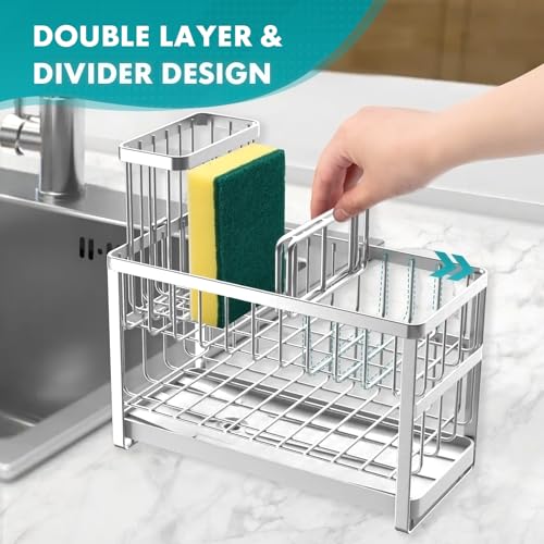Sinnsally Kitchen Sponge Holder,Sink Caddy Organizer with High Brush Holder,Stainless Steel Sink Box Dish Scrubber Holder,Soap Tray for Kitchen Counter Accessories & Storage Rack (2 Tier - Silver) - color: 2 Tier - Silver