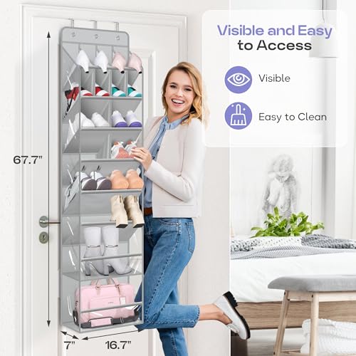 MISSLO Clear Over the Door Shoe Organizer Large Deep Pockets Hanging Shoe Rack for Closet Fit 20 Pairs Shoe Holder for Sneakers Boots Storage，Grey - color: Grey