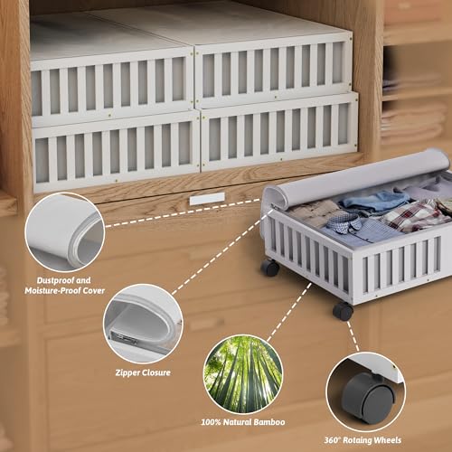 Bamboo Under Bed Storage Containers with Wheels, 2 Pack Under the Bed Shoe Storage Bins, Wood Rolling Underbed Drawers Organizer for Bedroom, Closet, Clothes Blanket Comforter and Under Crib Toy White - color: White, size: 2 PCS (23.62"×16.54")