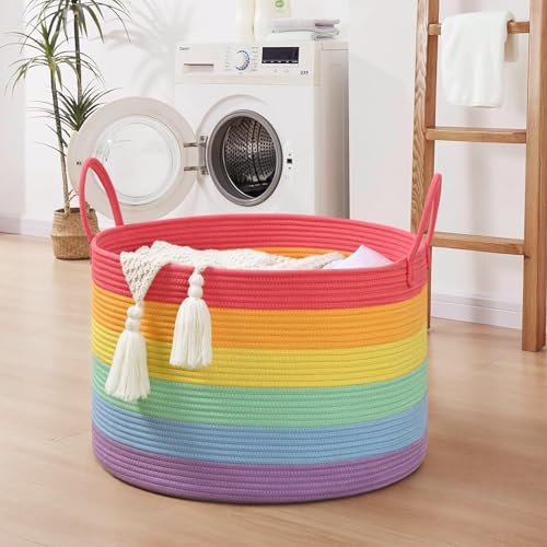 Rainbow Toy Basket, 20"x13" Extra Large Kids Toy Storage for Playroom Classroom Nursery, Woven Rope Blanket Basket with Handles, Stuffed Animal Organizer & Dog Toys Basket - color: Rainbow - Wide