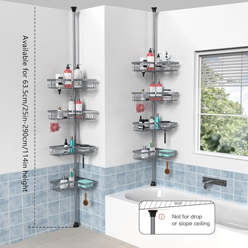 KEGII 4-Tier Corner Shower Caddy Tension Pole - Adjustable Shower Tension Rod Organizer, Floor to Ceiling Shower Caddy 25-114.2 inch, Shower Towel Rack Corner Waterproof, Light Gray - style: Tension Caddy - Light Gray