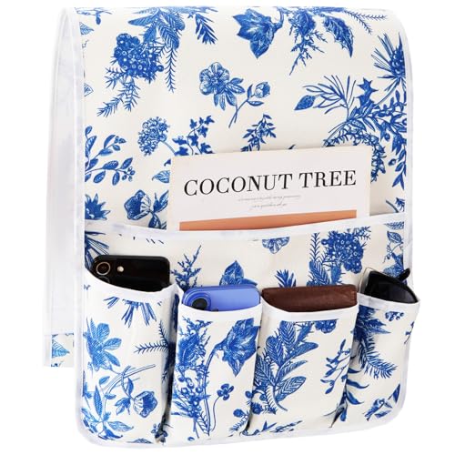 FLYILY Sofa Armrest Organizer Non-Slip Arm Chair Hanging Caddy Remote Control Holder for Magazine,Tablet, Phone, Books, Glasses(BlueFloral,13in) - color: BlueFloral, size: 35"x13"