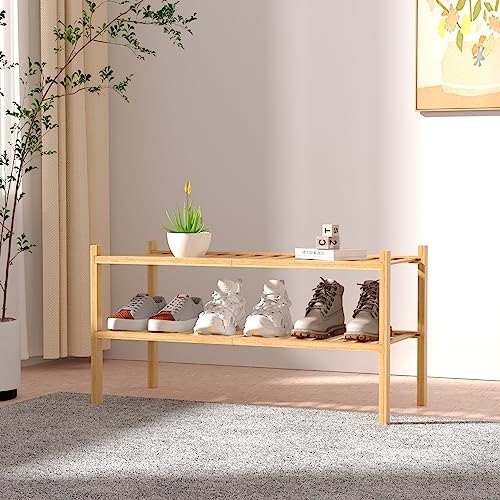 ROMGUAR CRAFT 2 Tier Bamboo Shoe Rack for Closet Free Standing Wood Shoe Shelf for Entryway Small Space Stackable 27"x11"x13" (Natural) - color: Natural, size: 2 Tier
