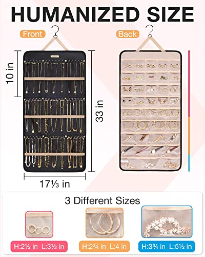 BAGSMART Hanging Jewelry Organizer Storage Roll with Hanger Metal Hooks Double-Sided Jewelry Holder for Earrings, Necklaces, Rings on Closet, Wall, Door, 1 piece, Extra Large, Black - color: Black, size: X-Large