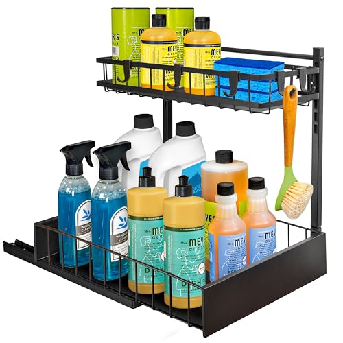 LYNK PROFESSIONAL® Pull Out Under Sink Kitchen Cabinet Organizer - 10" W x 14" D 2-Tier Drawer - Sliding Shelf Organizer for Cabinets and Undersink Storage Shelves - Lifetime Ltd. Warranty – Black - color: 10"W x 14"D Black