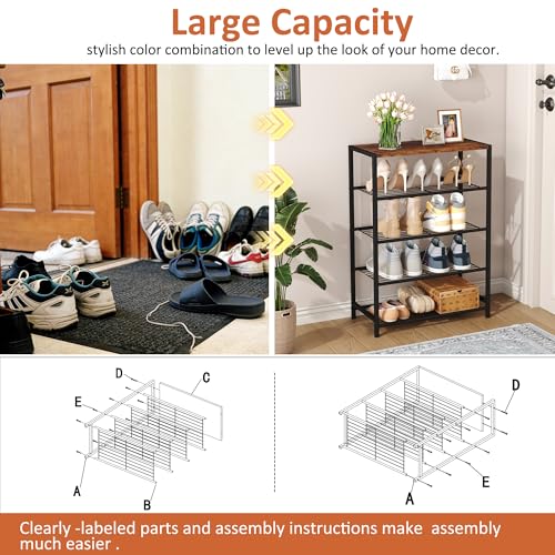 HOMEFORT 5-Tier Shoe Rack, Shoe Storage Shelf with MDF Top Board, Shoe Rack Organizer, Each Tier Fits 3 Pairs, Entryway Shoe Stand with Sturdy Shelves, Rustic Brown - color: Rustic Brown, size: 5-Tier (11.8"D x 23.23"W x 32.68"H)