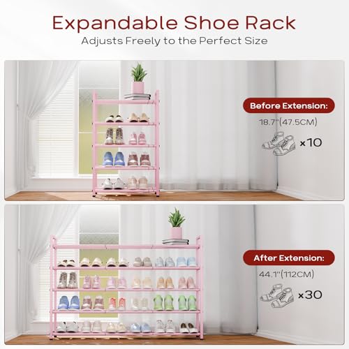 Bumusty 5-Tier Long Expandable Shoe Rack for Closet, 18"-44" Adjustable Shoe Rack for Entryway, 25-30 Pairs Large Shoe Organizer Shelf Storage, Sturdy Metal, Pink - color: Pink, size: 5-Tier