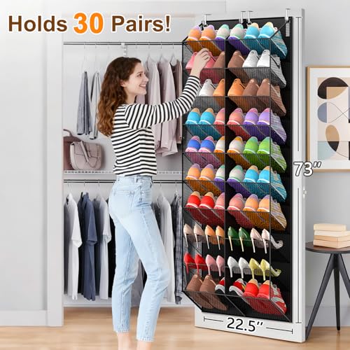 UVIAHOMI 30 Pairs Over the Door Shoe Organizer, Breathable Mesh Pocket Hanging Shoe Storage for Closet, 10-Tier Door Shoes Rack, Handing Shoes Holder Fit All the Family's Sneakers, Boots, Heels, Black - color: Black