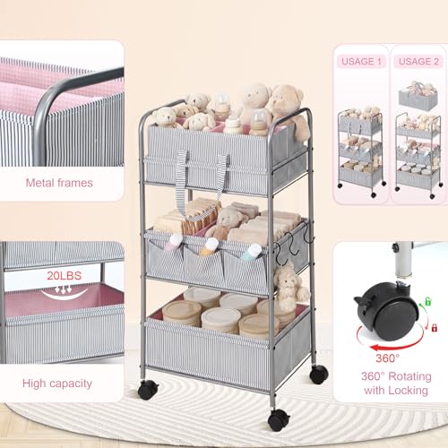 WILLBOND 2 in 1 Baby Diaper Caddy Organizer Cart, 3 Tier Large Stripe Bedside Rolling Cart Metal for Baby Essential with Divider for Newborn Registry Must Have Nursery Bedroom Mother Gift(Pink) - color: Pink