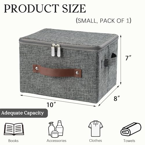 Storage Bins with Zipper Lid Foldable Fabric Lidded Storage Boxes Baskets Cubes Washable Collapsible PU Leather Handle Cotton Linen Fabric Shelf Closet Organizer Container(Gray, Small Size) - color: Gray, size: Small ( Set of 1 )