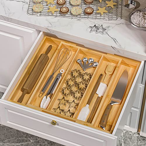 Bamboo Utensil Organizer Cutlery Organizer - Expandable 5 Slots Multipurpose Kitchen Drawer Organizer for Large Cooking Utensils, Baking Tools, Knife Set W13.7"-19.9" x L17.6" X H2.5"(Yellow) - color: Yellow
