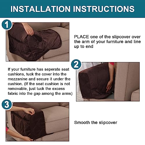 Velvet Quilted Armrest Covers - Water-Resistant Sofa Arm Protectors Set of 2 with Side Pocket Organizer, Non-Slip Furniture Covers for Chairs & Couches (Brown) - color: Brown