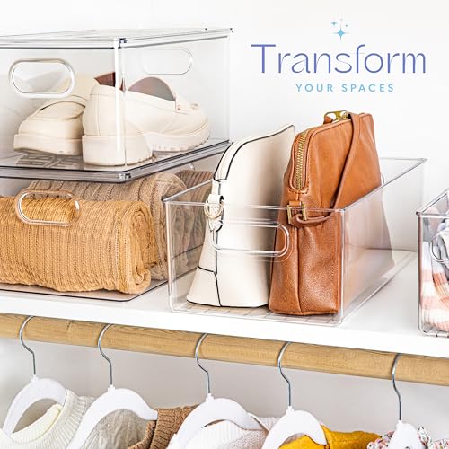 Plastic Food Storage 2 Pack Clear Container Bin with Handles for Organizing Kitchen, Pantry, Refrigerator, Freezer, Pantry, Cabinet, Closet, Bathroom. 14”x8”x5” - size: 14x8x5