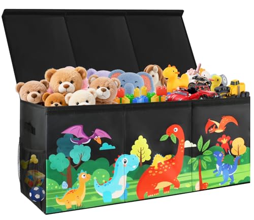 Extra Large Kids Toy Box, Foldable Toy Organizer with Dividers & Lids, 148L Dinosaur Storage Bin for Toddlers Boys Girls, Collapsible Chest for Toys, Books, Bedroom, Playroom, Nursery Black - color: Black