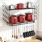 Housolution Pot Rack Wall Mounted, 22''-30'' Length Expandable, 3 Level Height Adjustable, 2 Tier Heavy Duty Hanging Cookware Pan Organizer with 12 Hooks and 8 Lid Holders - color: Black, 2 Tiers