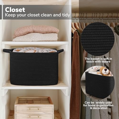 Goodpick Woven Storage Baskets for Organizing, Cotton Rope Organizer for Living Room Bedroom, Black Laundry Basket with Handles, Stylish Gift Baskets for Baby Boys, 13"x10"x9" - color: All Black, size: 13"L x 10"W x 9"H