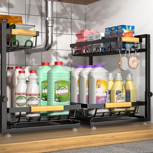 Sevenblue 2 Packs Under Sink Organizer, Height Adjustable 2 Tier Under Kitchen Sink Organizer, Multi-Purpose Storage Shelf for Kitchen Bathroom Cabinet (Black, Large) - color: Black, size: Large