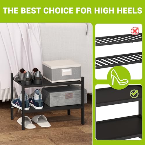 BMOSU 2-Tier Bamboo Small Shoe Rack Premium Stackable Shoe Shelf Storage Organizer for Hallway Closet Living Room Entryway Organizer(Black) - color: Black, size: Small-2-Tier（17*11*12.6inches）