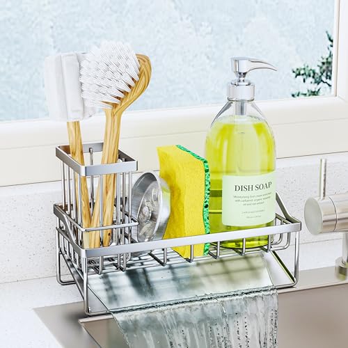 SWTYMIKI Sink Caddy Sponge Holder - Kitchen Sink Organizer with Stainless Steel Self Drain Tray & High Brush Holder for Countertop to Hold Dish Soaps and Sponges, Stainless Steel, Silver - color: Silver-Slope Drain, size: Medium