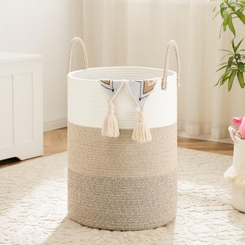 Artfeel Laundry Basket,Woven Cotton Rope Laundry Hamper,40L for Decorative Storage of Dirty Clothes,Toys and Blankets in Bathroom,Bedroom and Living Room - color: Brown & White, size: 40L