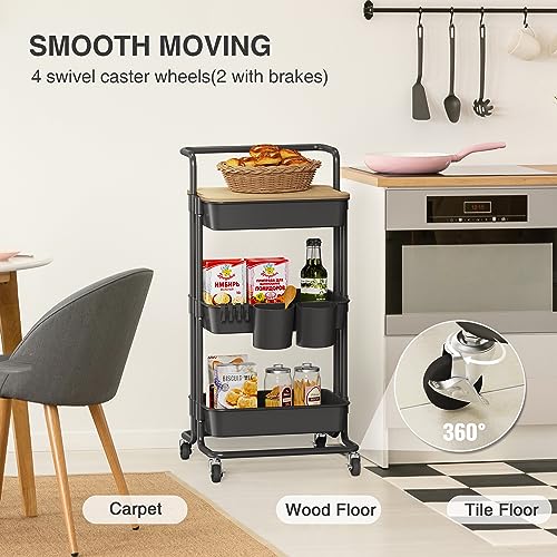DTK 3 Tier Rolling Cart Uility Cart with Cover Board, Mobile Storage Cart with Wheels, Cups, Hooks for Office Utility Kitchen Bathroom Homeschool Art Craft Postpartum Teacher Cart Organizer(Black) - color: Black, size: Medium